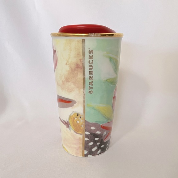 Starbucks Other - Starbucks 2014 Floral Ceramic Travel Mug Gold Trim with Red Lid 10 Ounce
